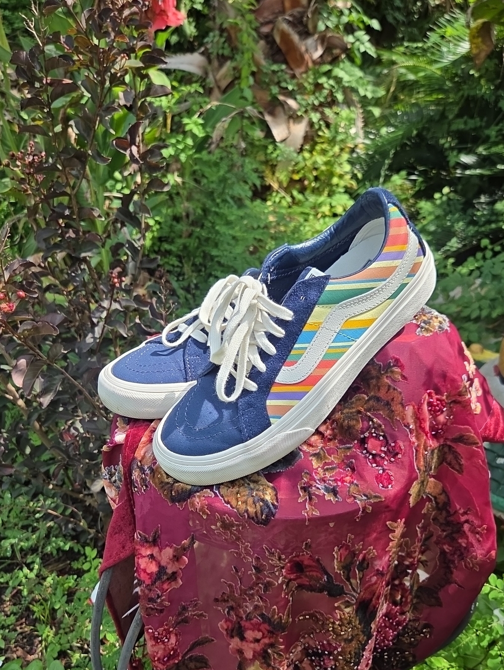 Vans Women’s Navy Sneakers with Rainbow Stripe Accent